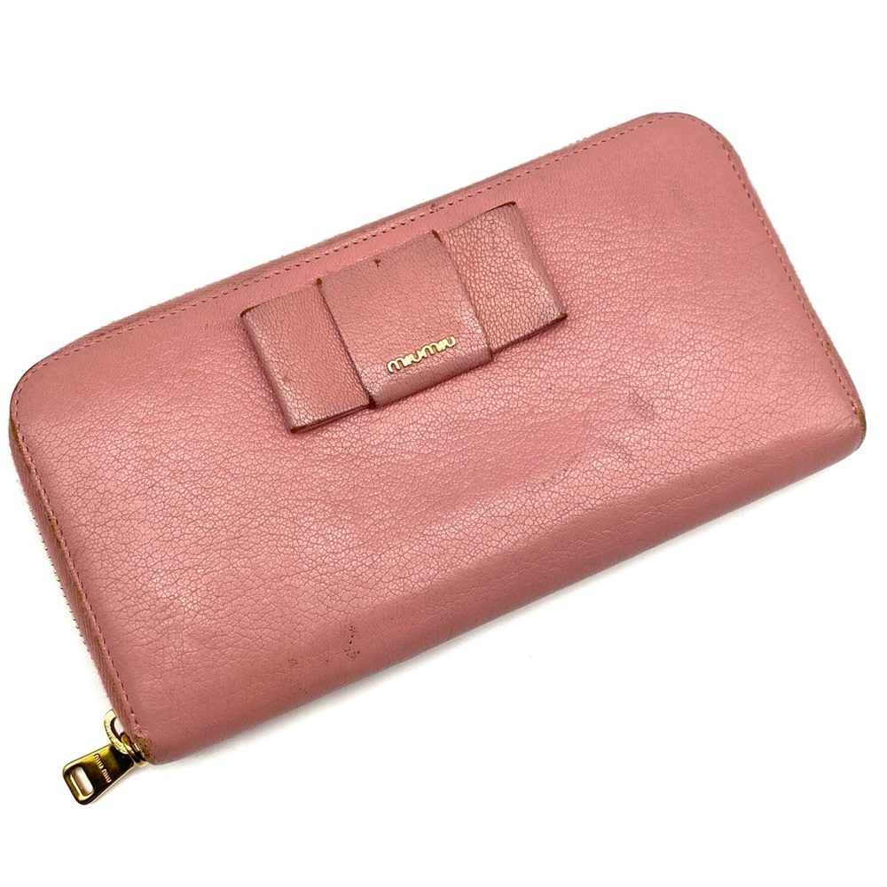 MIU MIU ROSE PINK LEATHER BOW GOLD ZIP AROUND LARGE LONG WALLET CARD CASH BAG